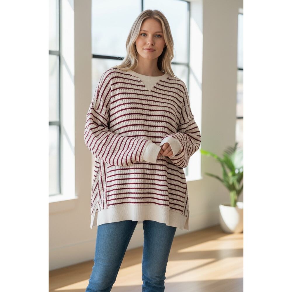 American Eagle Oversized Slouchy Waffle Knit Ribbed Striped Pullover Soft Cozy